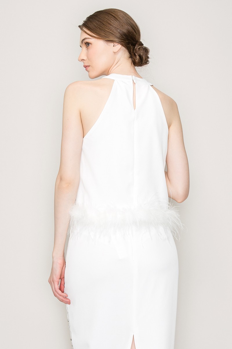 Rhinestone Feather Trimmed Chocker Neck Top #23125528