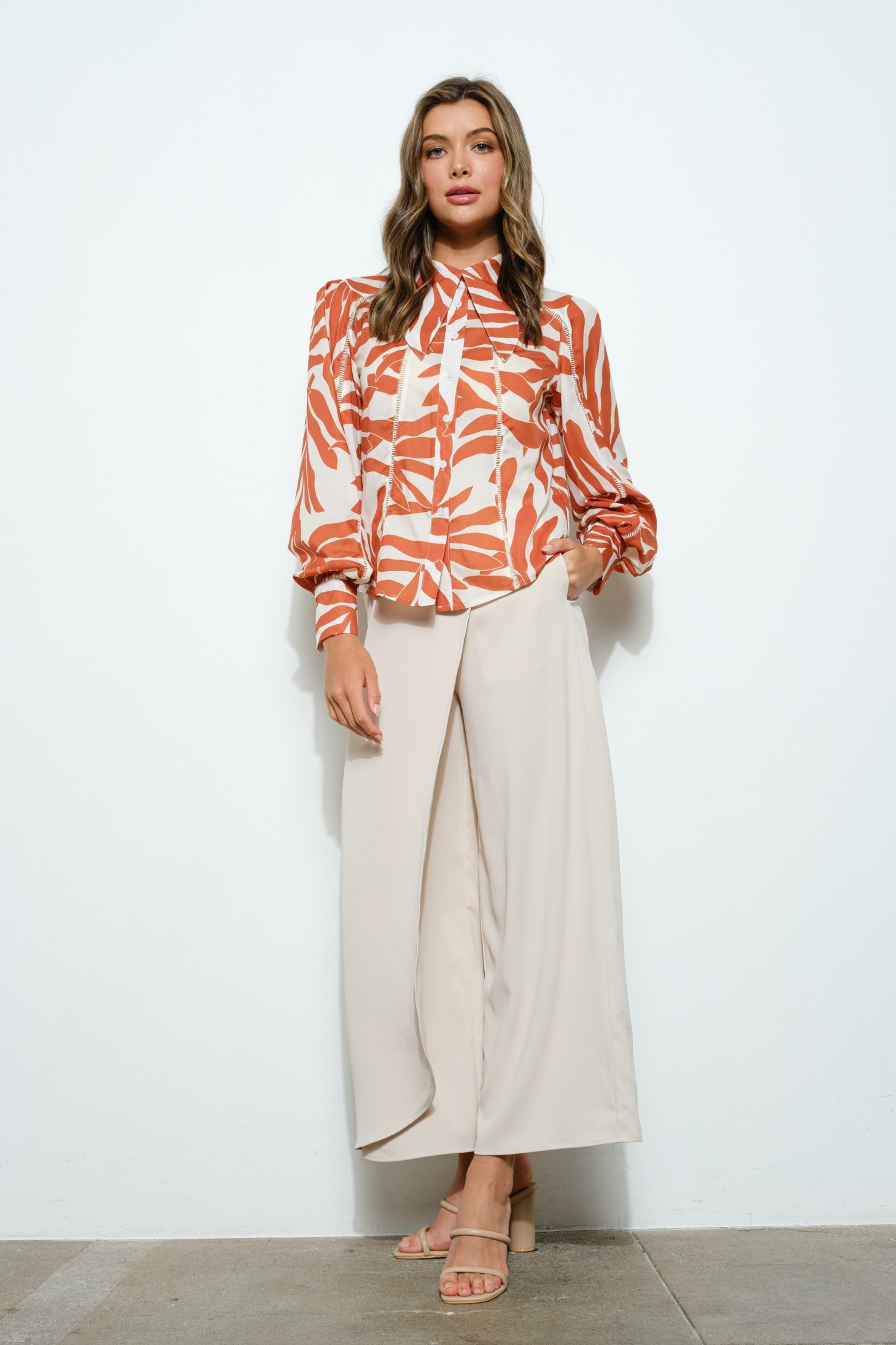 Long Sleeves Leaf Print Lace Detail Blouse Top #22952169