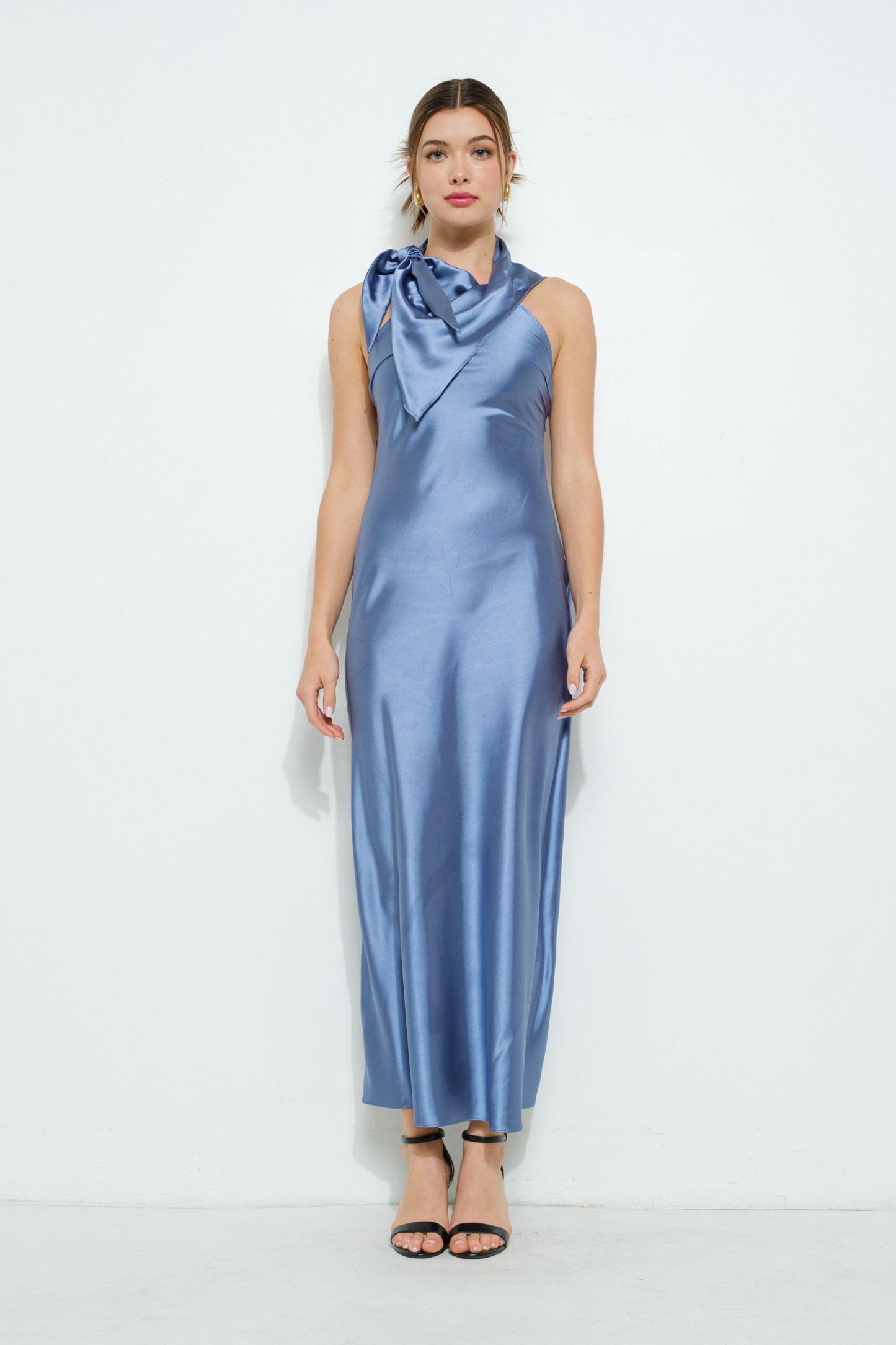 Satin Sleeveless Knot-drape Halter Maxi Dress #23600574
