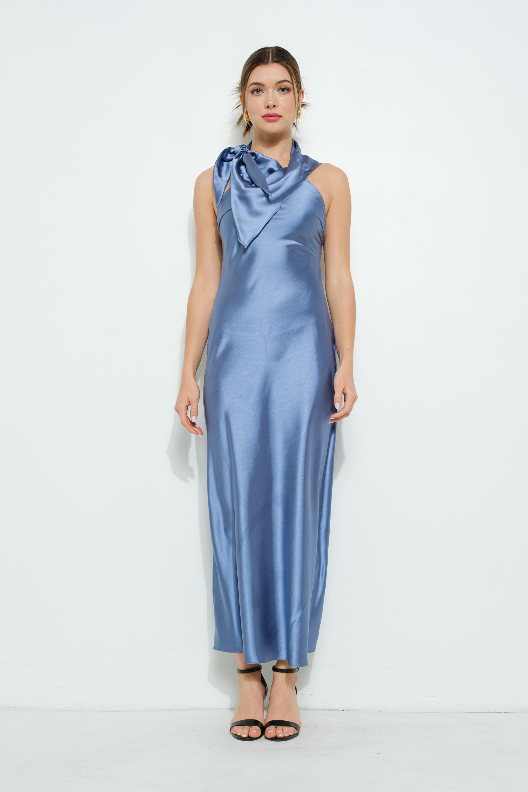 Satin Sleeveless Knot-drape Halter Maxi Dress #23600574