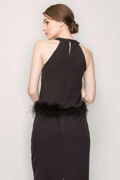 Rhinestone Feather Trimmed Chocker Neck Top #23125528