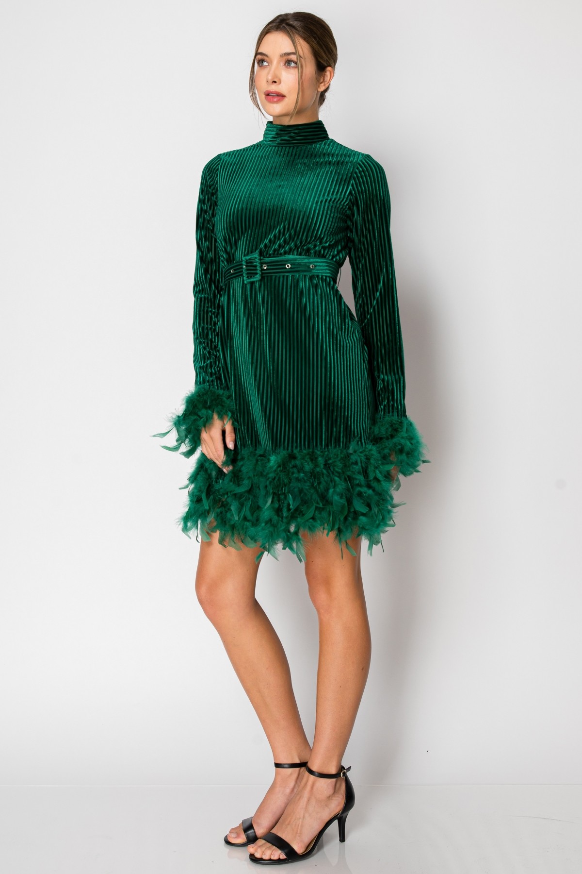 Velvet Long Sleeve Feather Trim Mini Dress #22805760
