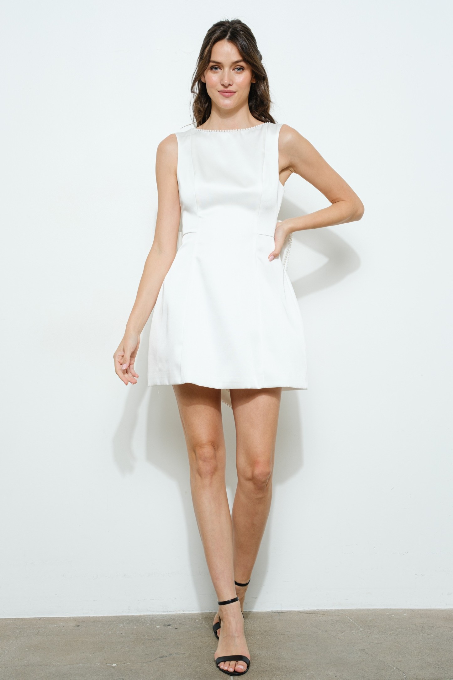 Sleeveless Pearl Trim Bow-back Mini Dress #23673273