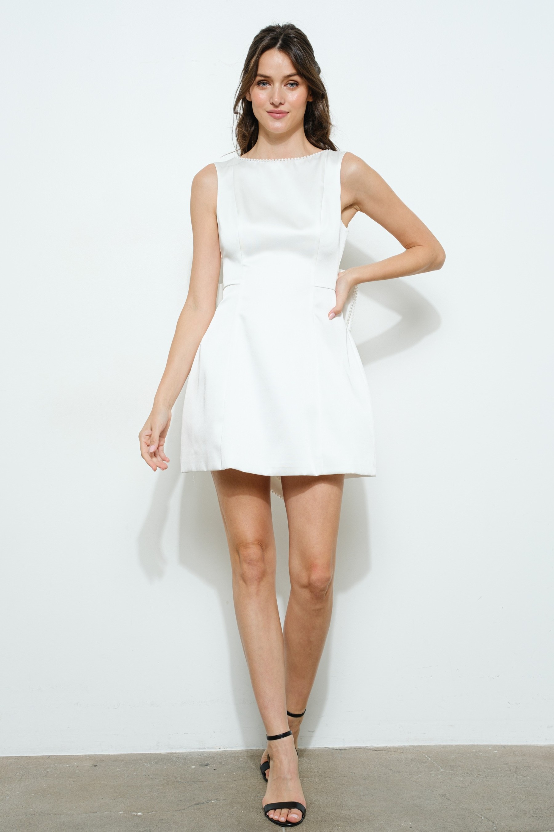Sleeveless Pearl Trim Bow-back Mini Dress #23673273