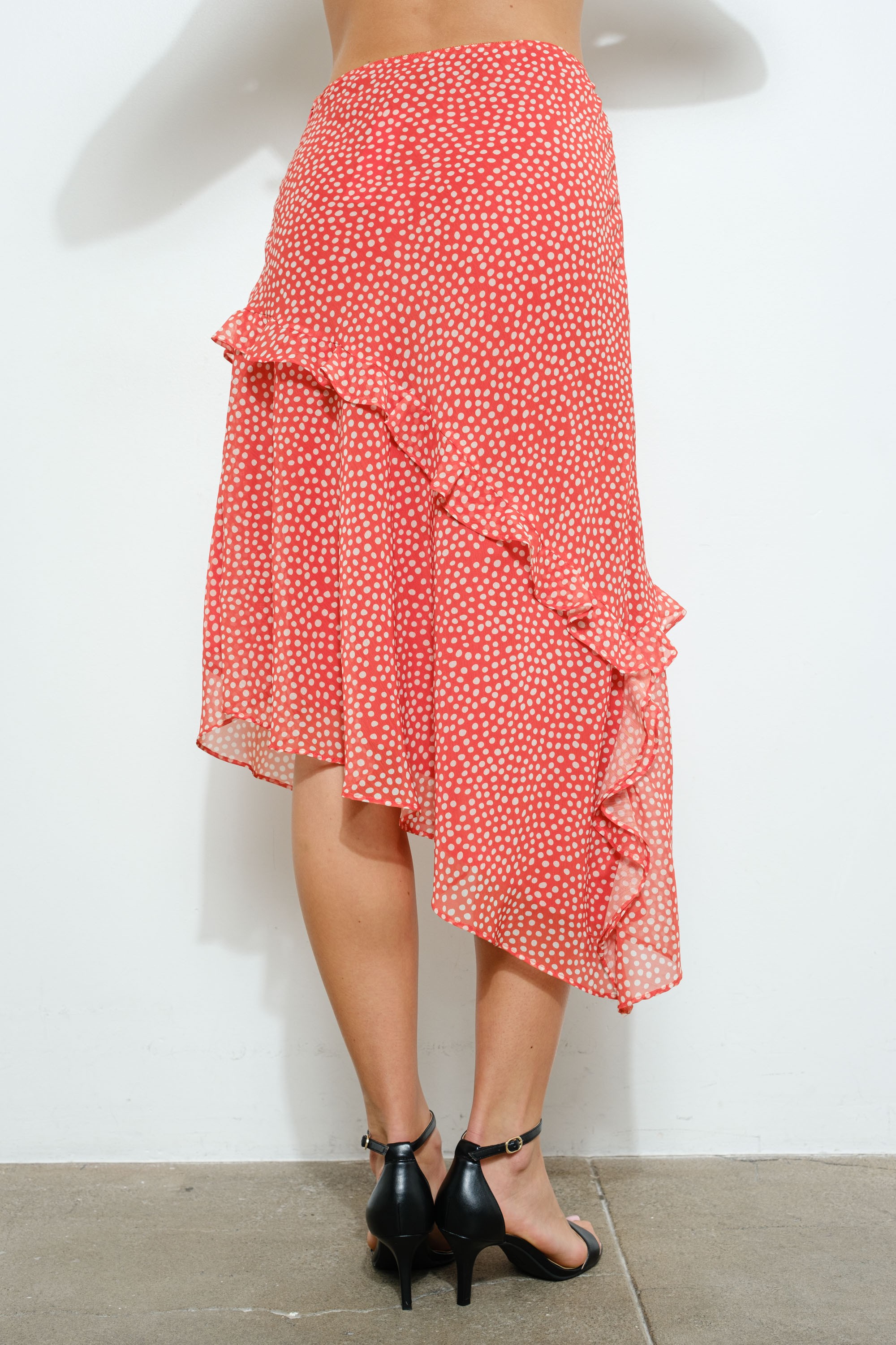 Asymmetrical Ruffled Polka Dot Midi Skirt #23514544