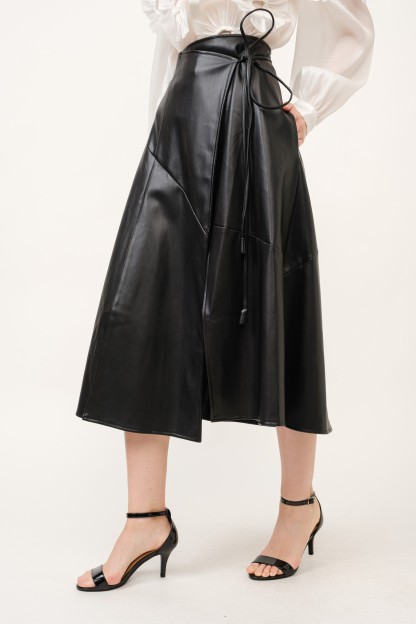 Faux Leather Wrap With Self Tie Midi Skirt #22889752