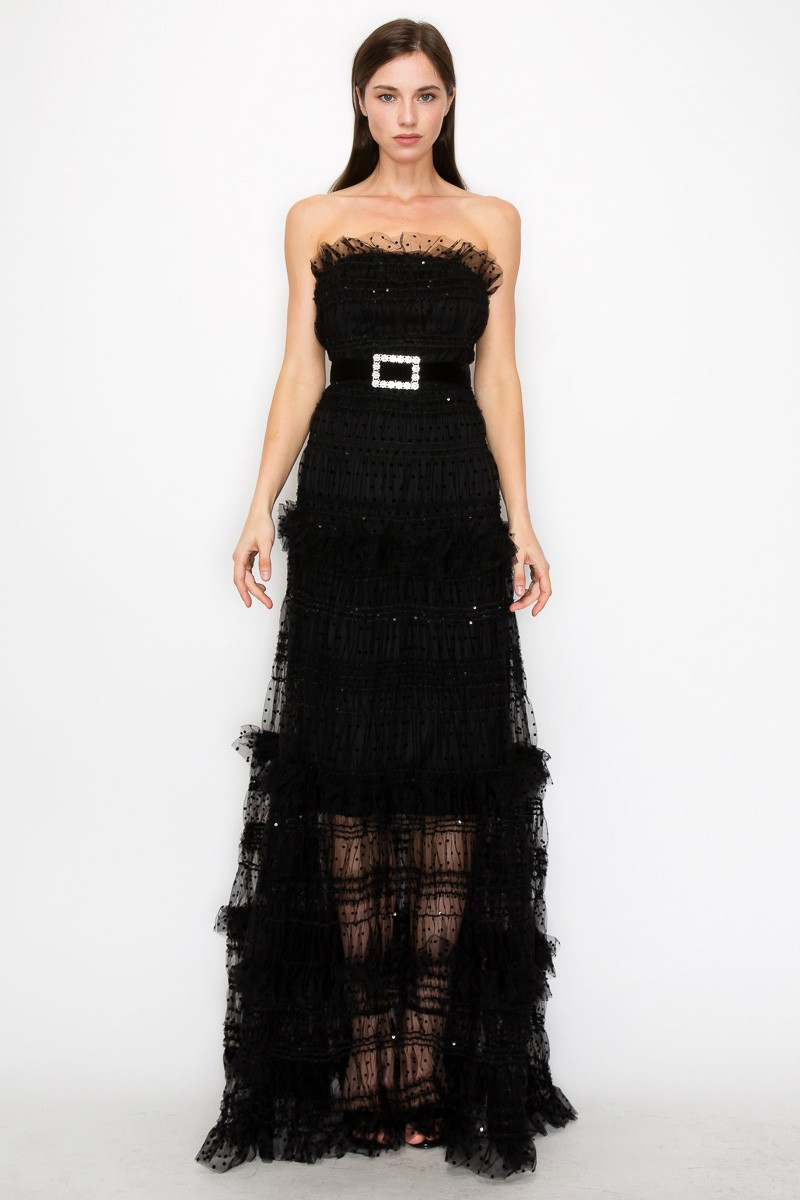 Strapless Polka Dots Tiered Tulle Maxi Dress #23551128