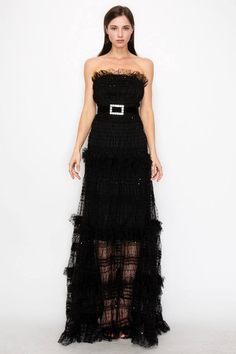 Strapless Polka Dots Tiered Tulle Maxi Dress #23551128