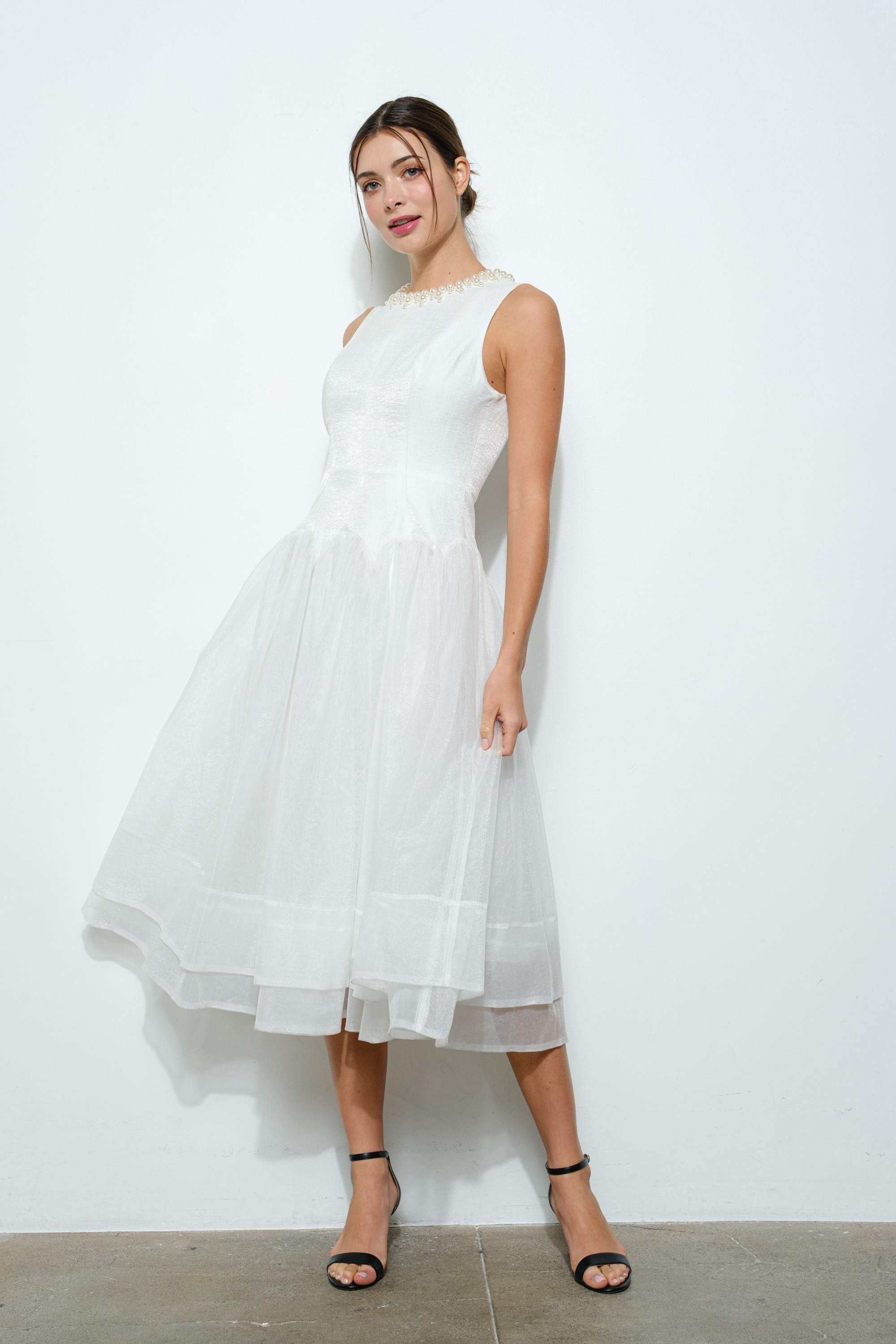 Pearl Embellished Sheer Tulle Midi Dress #23647833