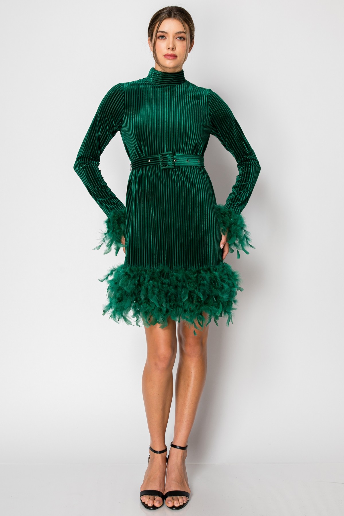 Velvet Long Sleeve Feather Trim Mini Dress #22805760