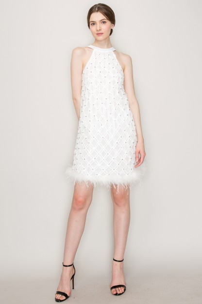 Rhinestone Feather Trimmed Chocker Neck Mini Dress #23549572