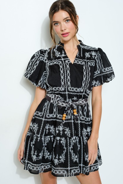 Embroidered Short Puff Sleeve Mini Dress #23699337