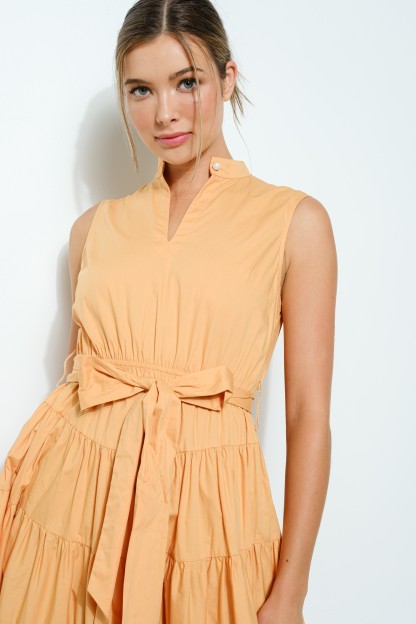Cotton Sleeveless Tiered Self-tie Belt Midi Dress #23524714