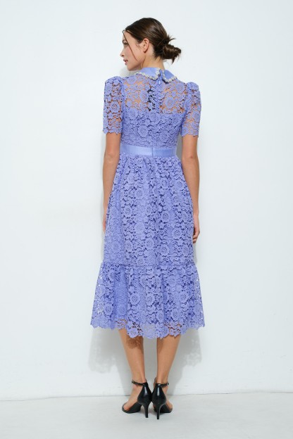 Pearl Embellished Collar Lace Midi Dress #23557937