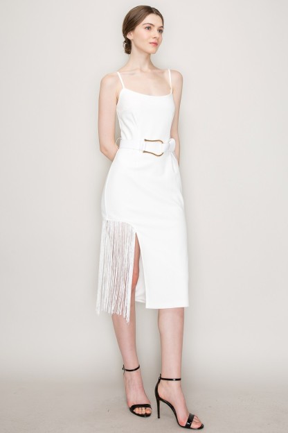 Sleeveless Side Slit Fringe Midi Dress #23549658