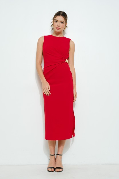 Sleeveless Draped Gold Accent Midi Dress #23592597