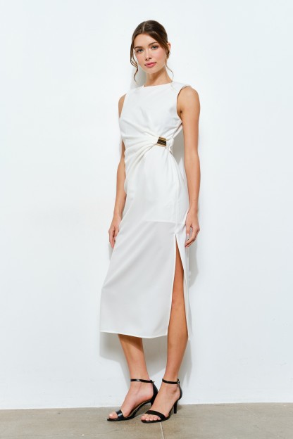 Sleeveless Draped Gold Accent Midi Dress #23592597