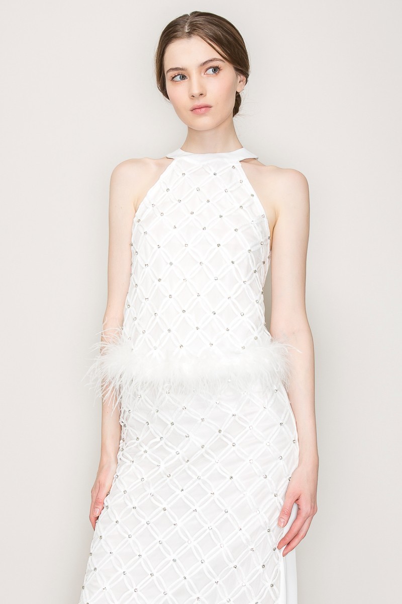 Rhinestone Feather Trimmed Chocker Neck Top #23125528