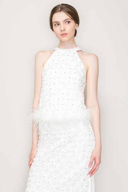 Rhinestone Feather Trimmed Chocker Neck Top #23125528