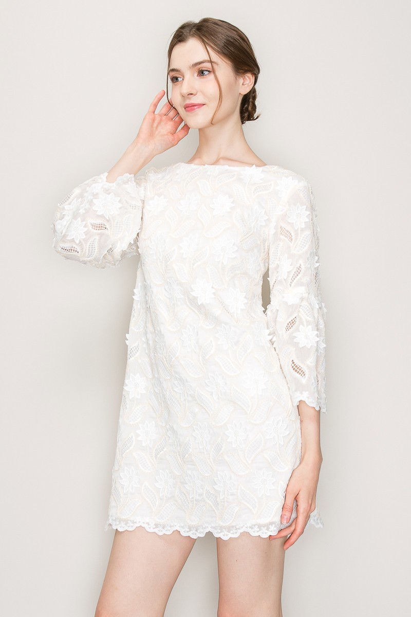 Floral Lace Three Quarter Sleeves Mini Dress #23527447