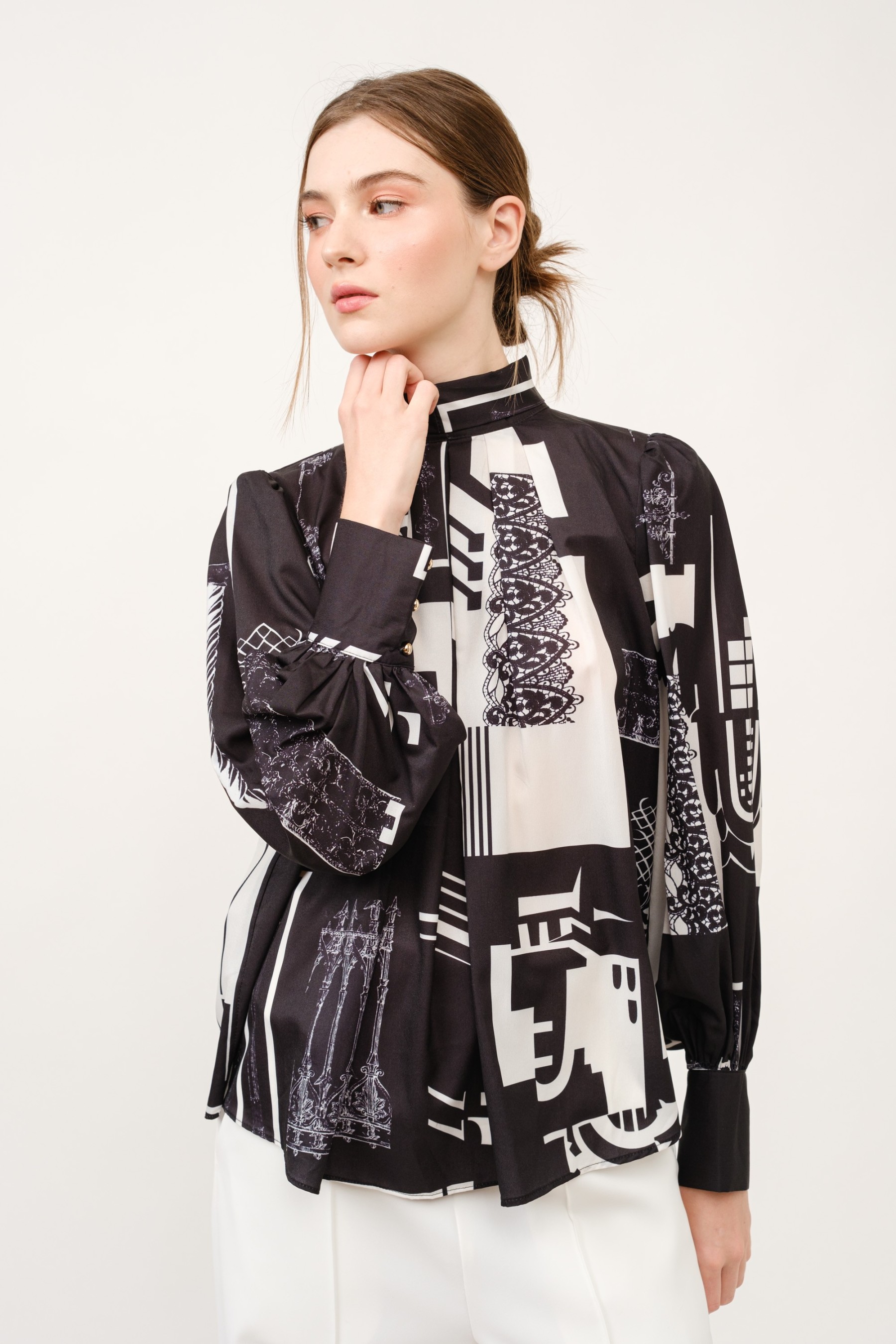 Long Puff Sleeve Abstract Print Bow Detail Blouse #23672957