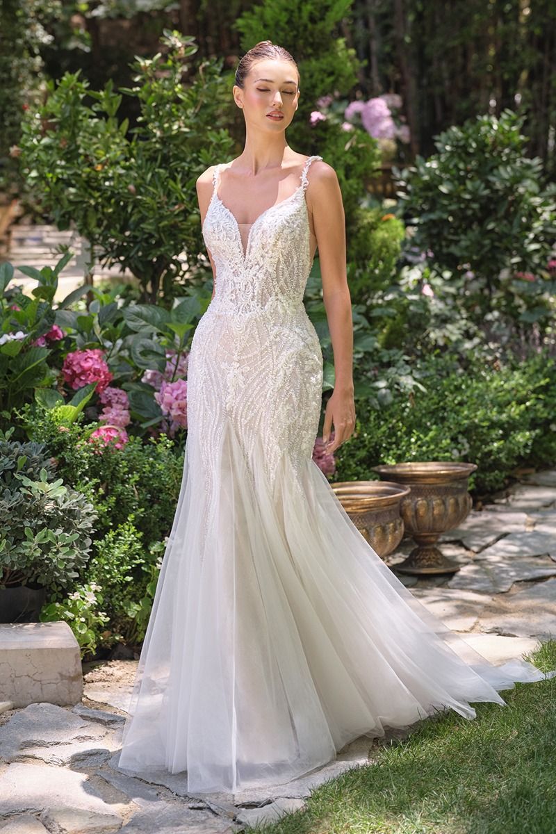Deep Illusion Neckline Floral Appliques Straps Wedding Dress #WL066