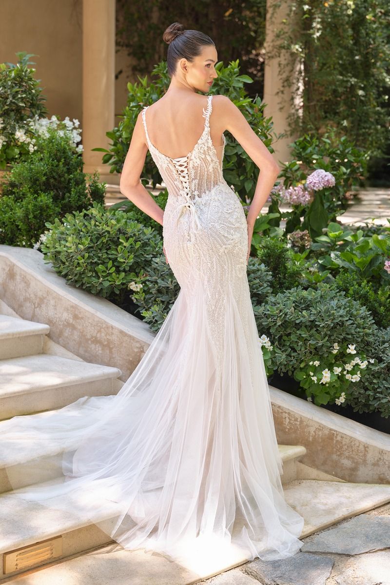 Deep Illusion Neckline Floral Appliques Straps Wedding Dress #WL066