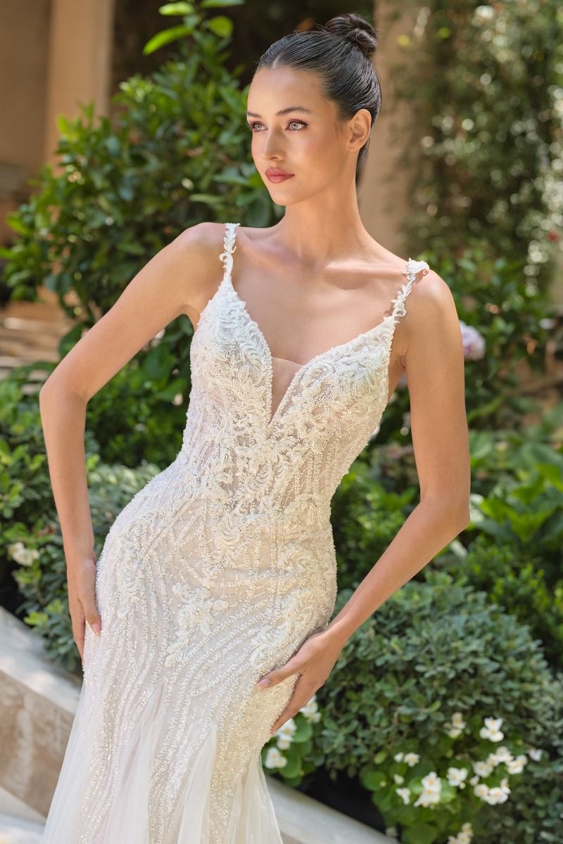 Deep Illusion Neckline Floral Appliques Straps Wedding Dress #WL066