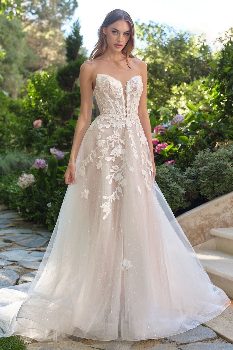 Romantic Strapless Illusion Plunge V-Neck 3d Floral Lace Wedding Dress #WL070