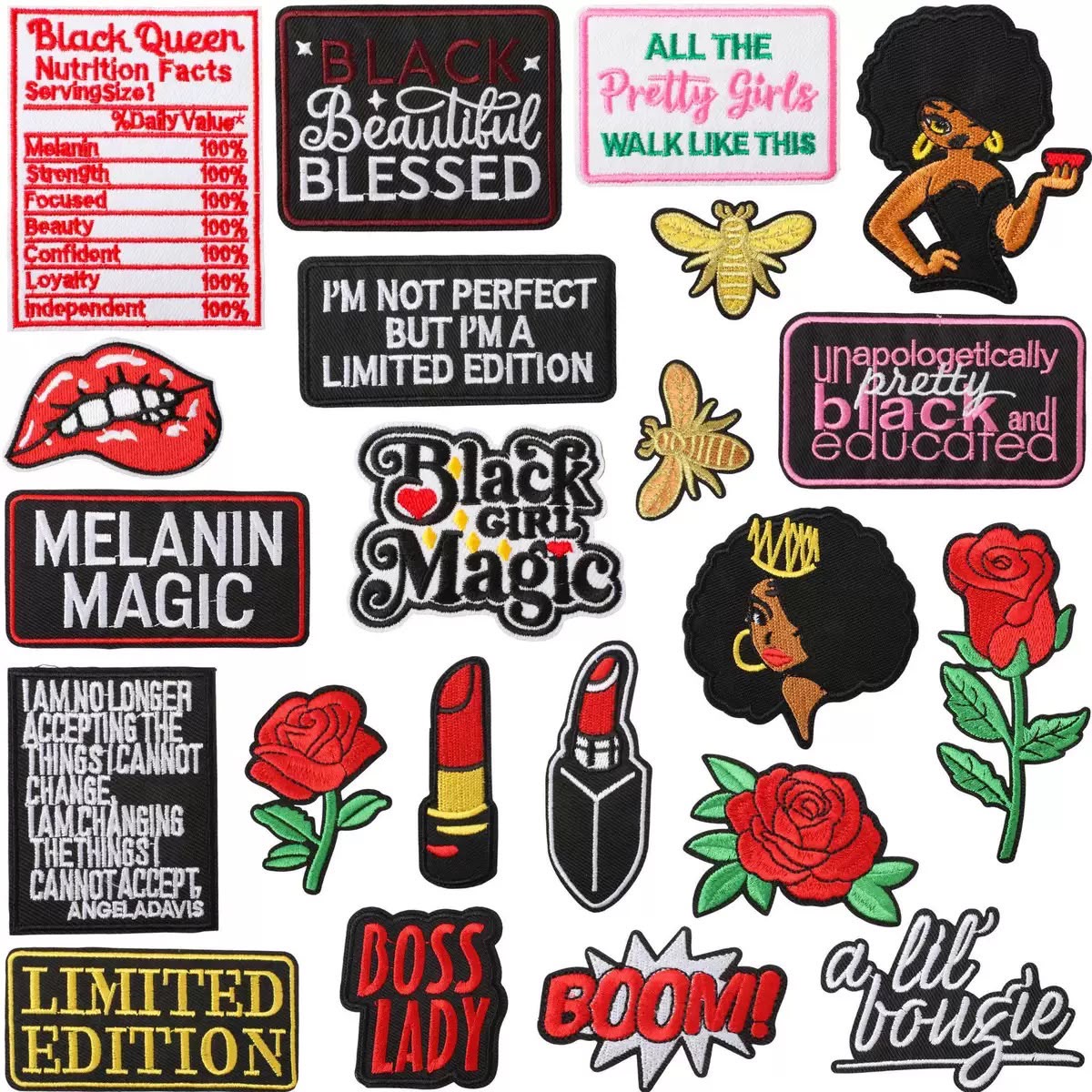 Queen rose lady text embroidery combination patch 22pcs(set)