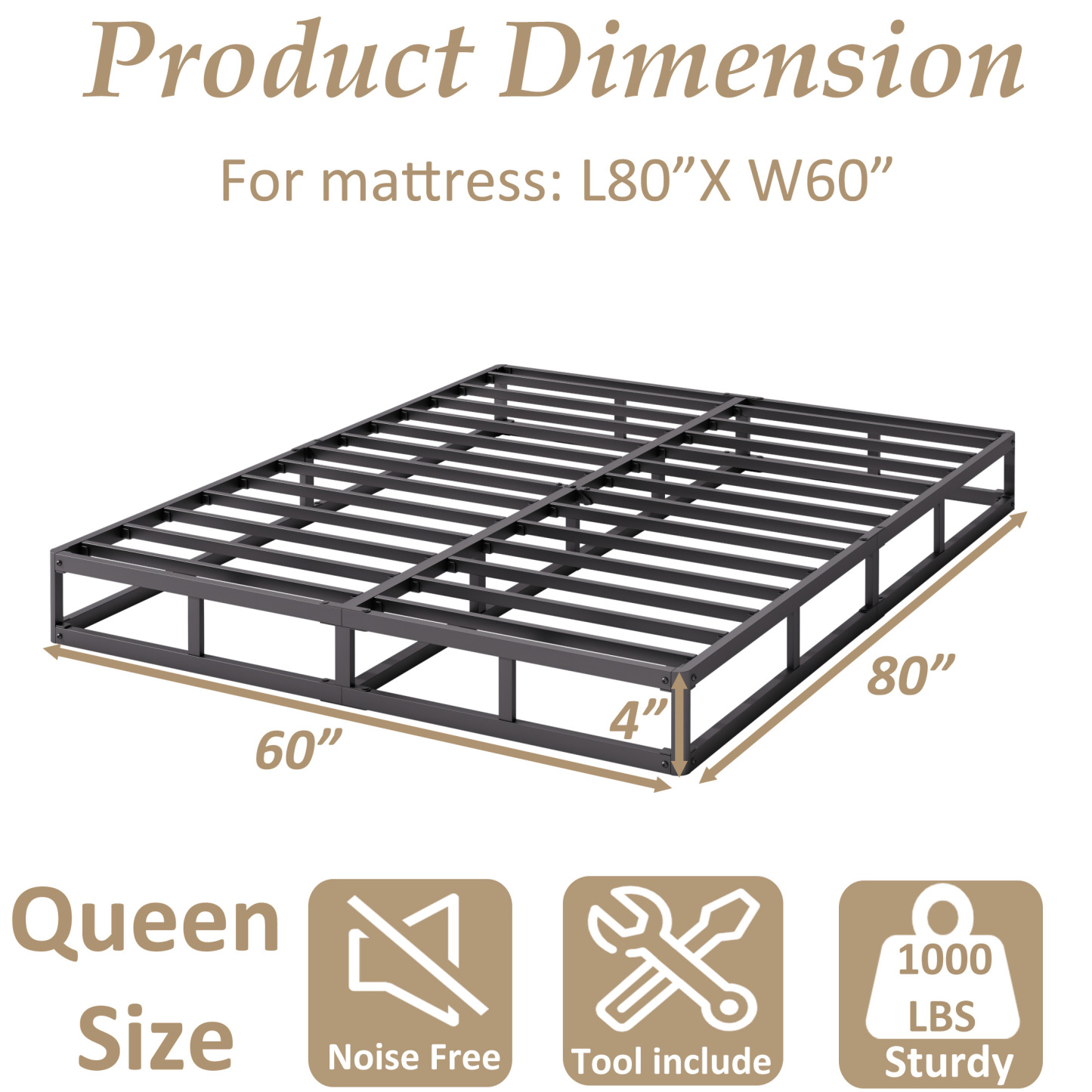 ZIYOO 4 Inch Metal Box Spring, Sturdy Mattress Foundation, Easy Assembly, Fabric Cover Included, Queen Size
