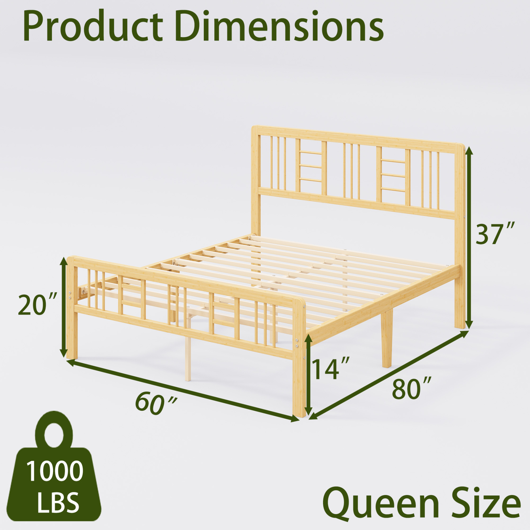 ZIYOO 14 inch Queen Size Bamboo Bed Frame with Headboard and Footboard, Heavy Duty Platform Bed Frame with Ample Under Storage, Easy Assembly, No Box Spring Needed