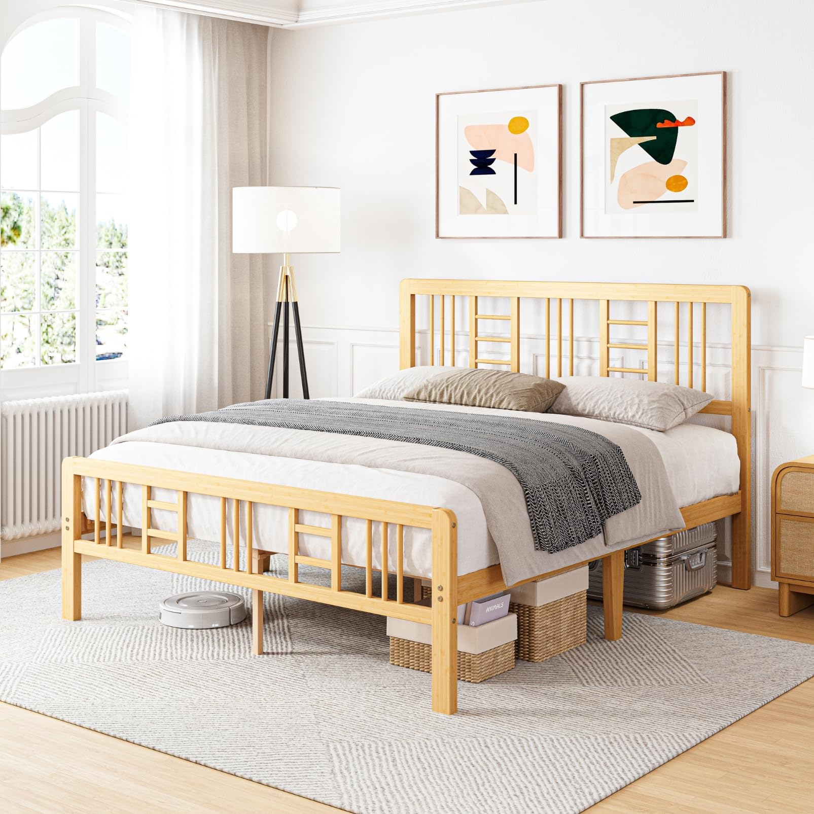 ZIYOO 12 inch Queen Size Wood Bamboo Platform Bed Frame with Headboard and Footboard, Queen Heavy Duty Bed Frame with Metal Slats Support, No Box Spring Needed