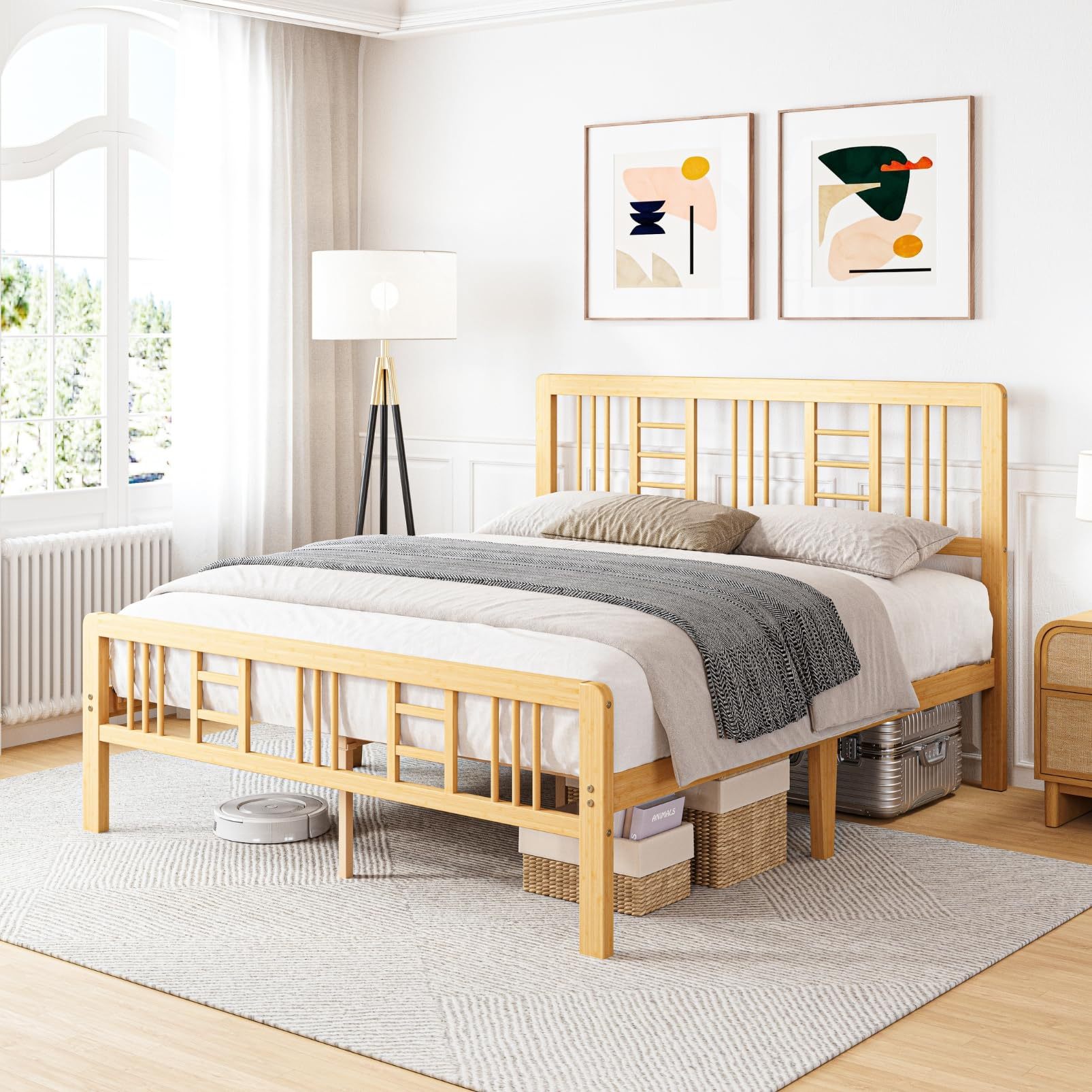 ZIYOO 12 inch Queen Size Wood Bamboo Platform Bed Frame with Headboard and Footboard, Queen Heavy Duty Bed Frame with Metal Slats Support, No Box Spring Needed