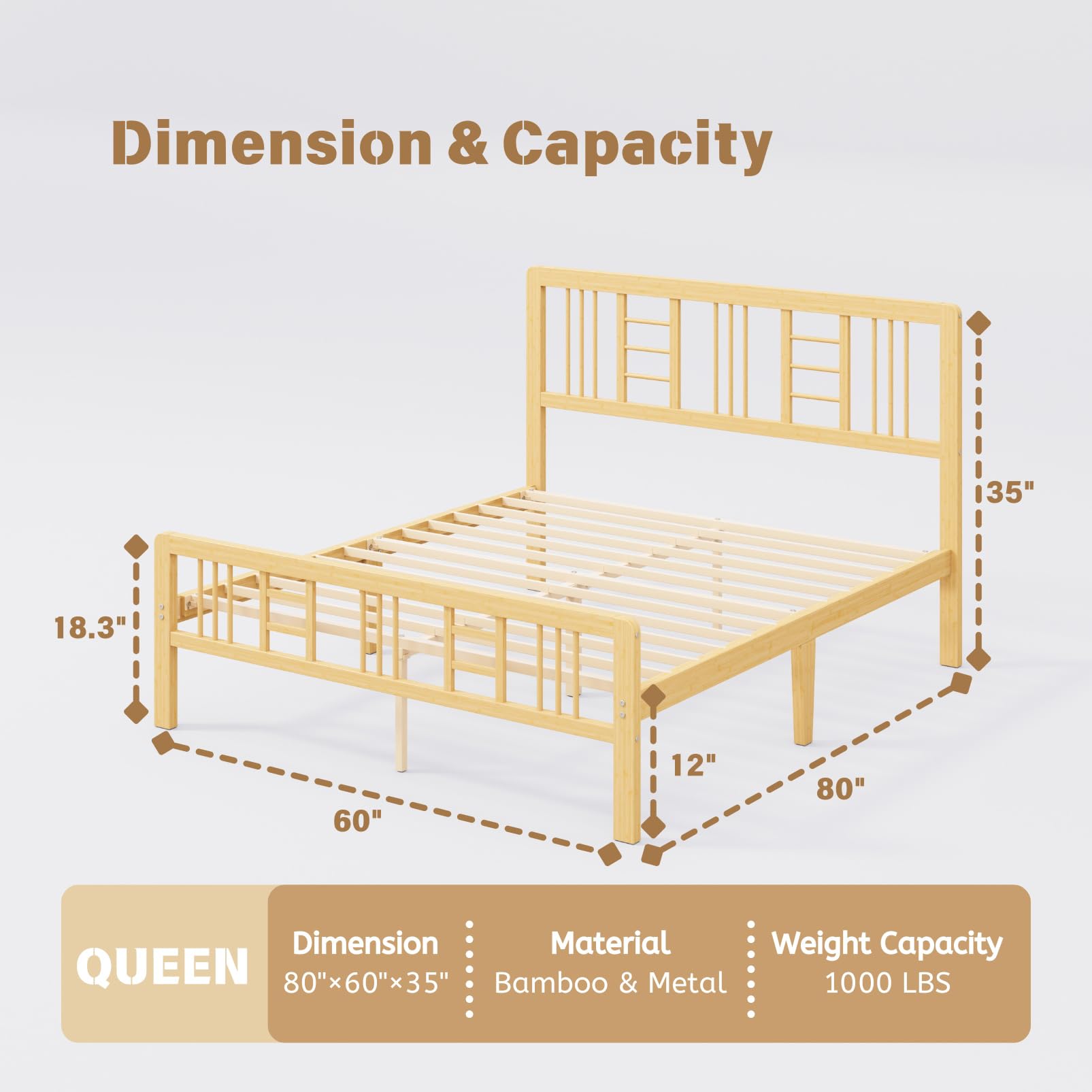 ZIYOO 12 inch Queen Size Wood Bamboo Platform Bed Frame with Headboard and Footboard, Queen Heavy Duty Bed Frame with Metal Slats Support, No Box Spring Needed