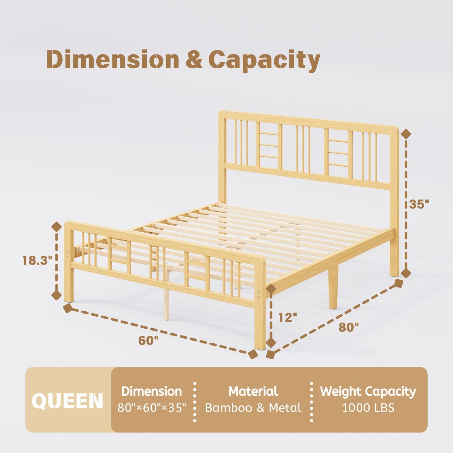 ZIYOO 12 inch Queen Size Wood Bamboo Platform Bed Frame with Headboard and Footboard, Queen Heavy Duty Bed Frame with Metal Slats Support, No Box Spring Needed