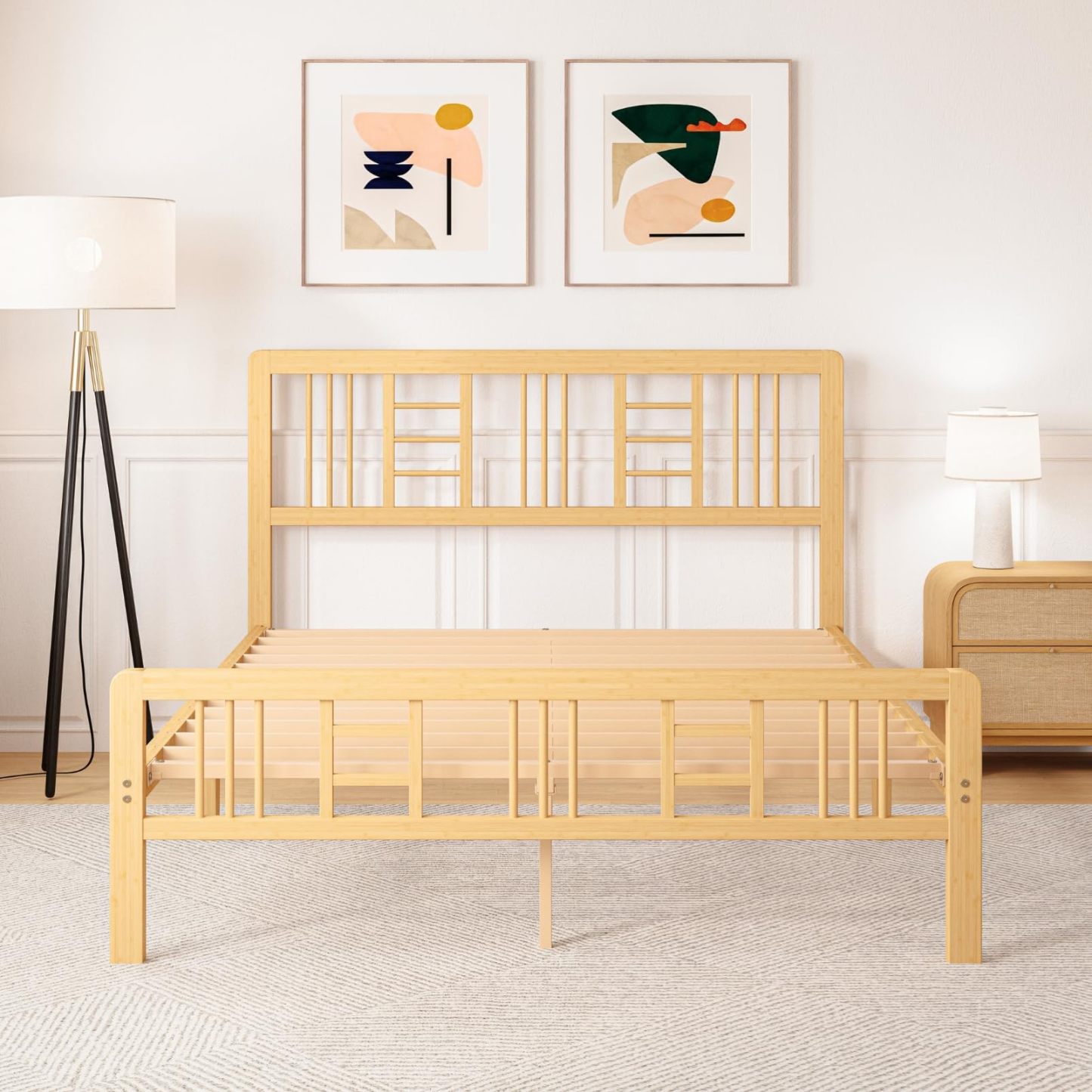 ZIYOO 12 inch Queen Size Wood Bamboo Platform Bed Frame with Headboard and Footboard, Queen Heavy Duty Bed Frame with Metal Slats Support, No Box Spring Needed