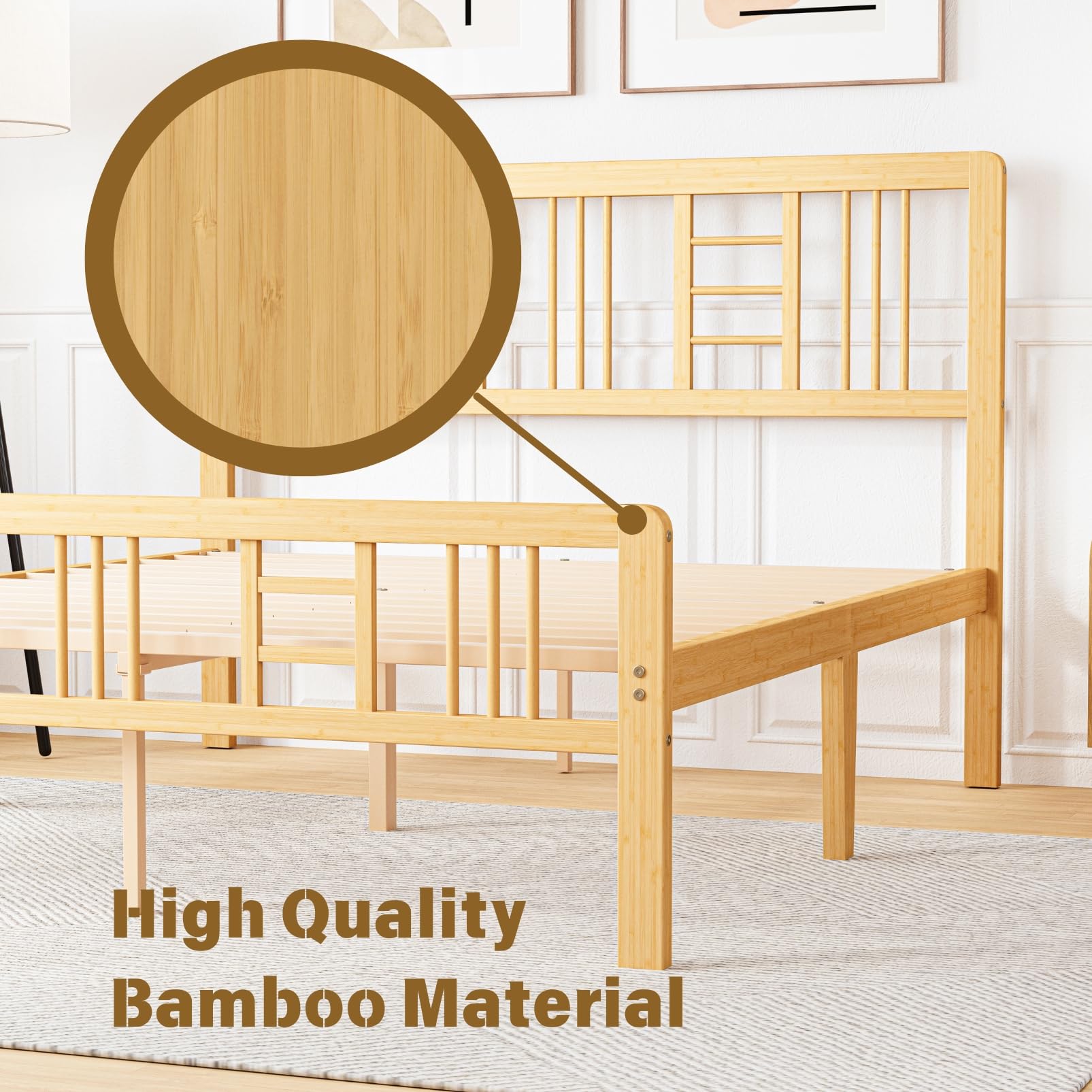 ZIYOO 12 inch Queen Size Wood Bamboo Platform Bed Frame with Headboard and Footboard, Queen Heavy Duty Bed Frame with Metal Slats Support, No Box Spring Needed