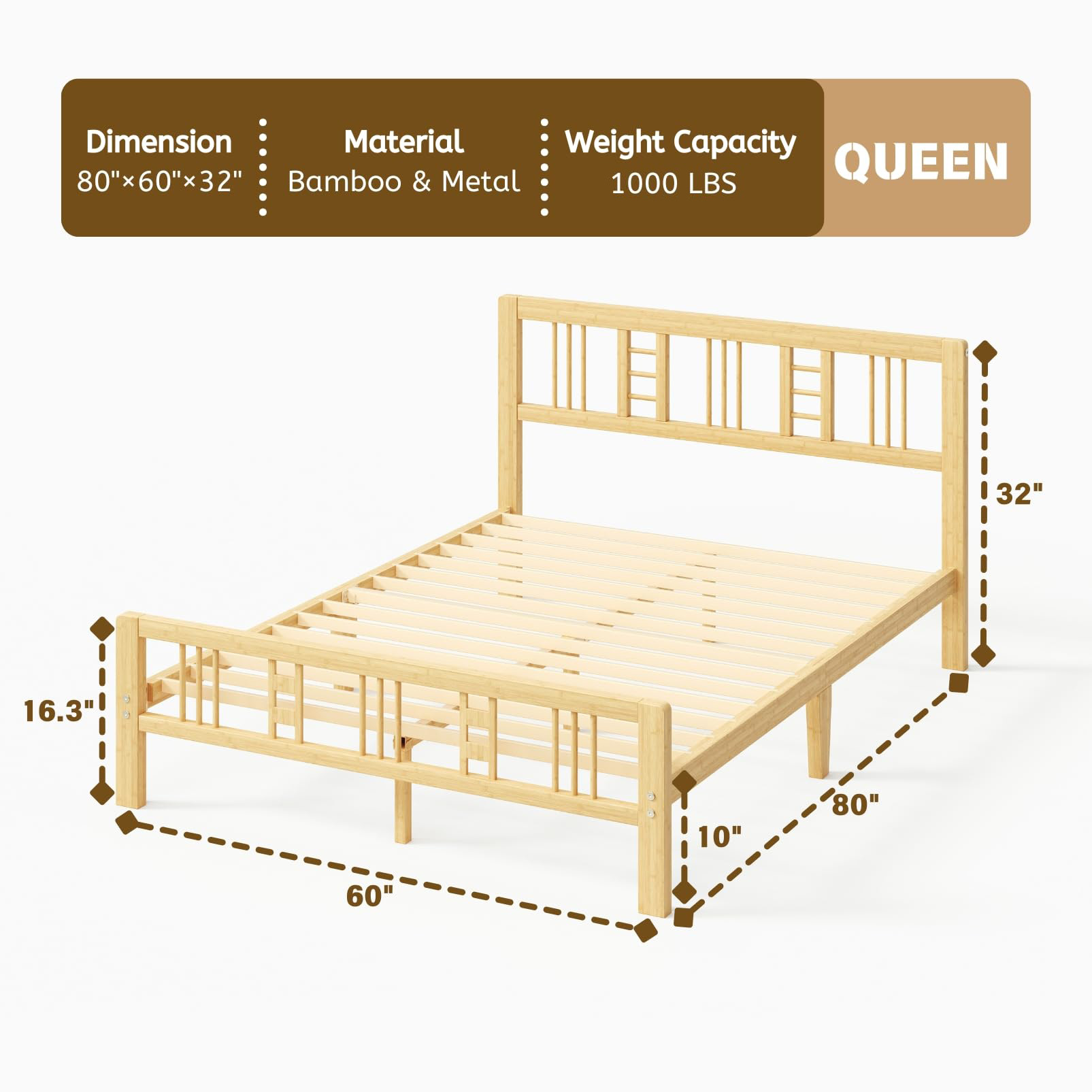 ZIYOO 10 inch Queen Size Bamboo Bed Frame with Headboard and Footboard, Queen Heavy Duty Bed Frame with Metal Slats Support, No Box Spring Needed, Noiseless