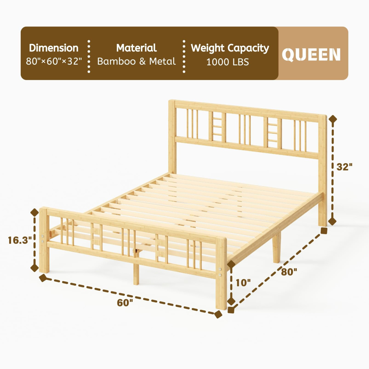 ZIYOO 10 inch Queen Size Bamboo Bed Frame with Headboard and Footboard, Queen Heavy Duty Bed Frame with Metal Slats Support, No Box Spring Needed, Noiseless