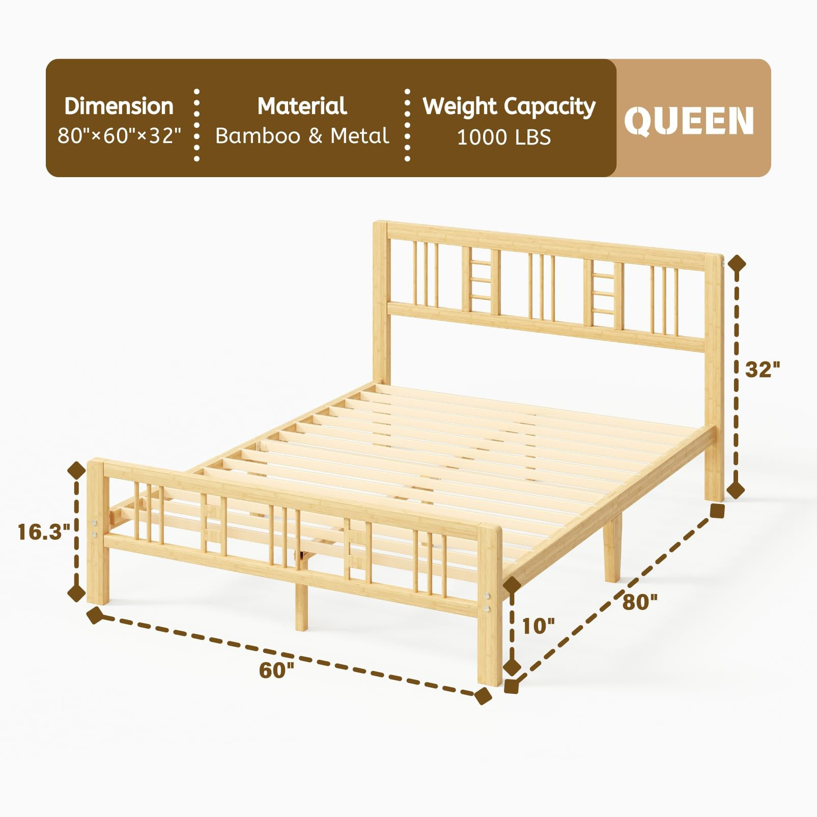 ZIYOO 10 inch Queen Size Bamboo Bed Frame with Headboard and Footboard, Queen Heavy Duty Bed Frame with Metal Slats Support, No Box Spring Needed, Noiseless