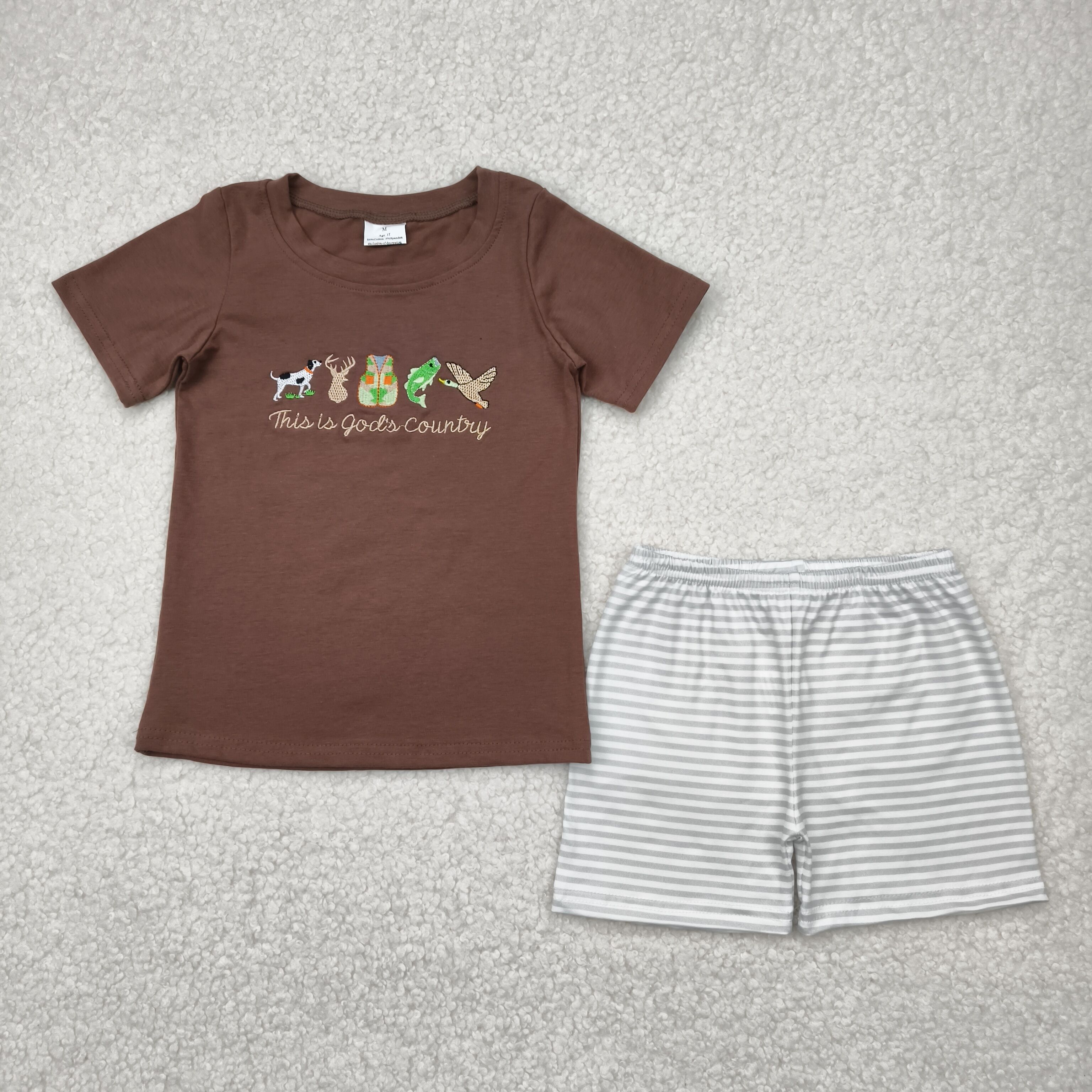BSSO1410 RTS baby boy clothes It's god’s country toddler boy summer embroidery outfit
