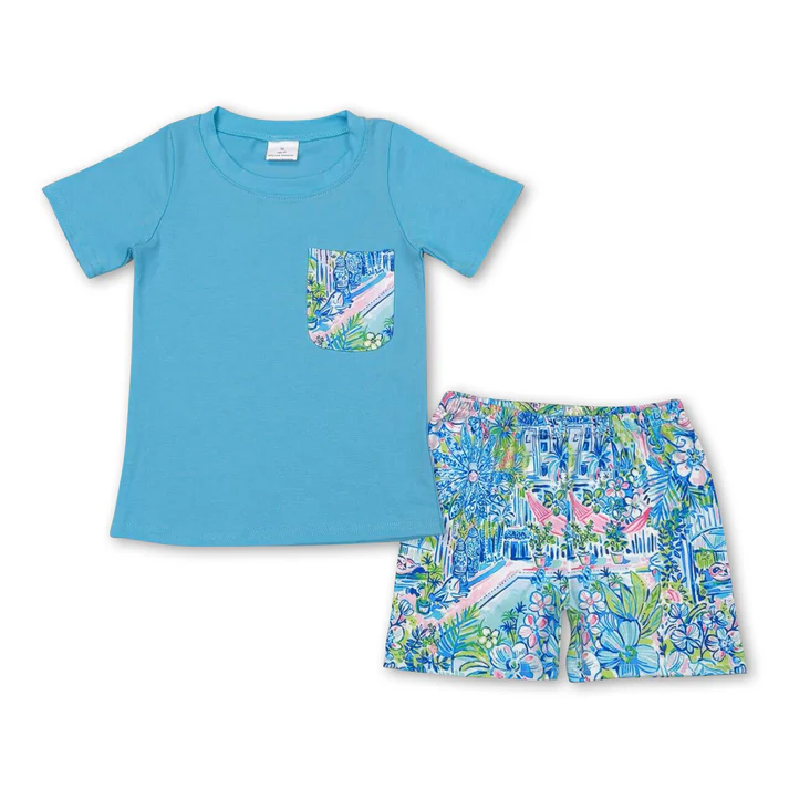 BSSO0840 RTS boy clothes blue painting toddler boy summer outfit 