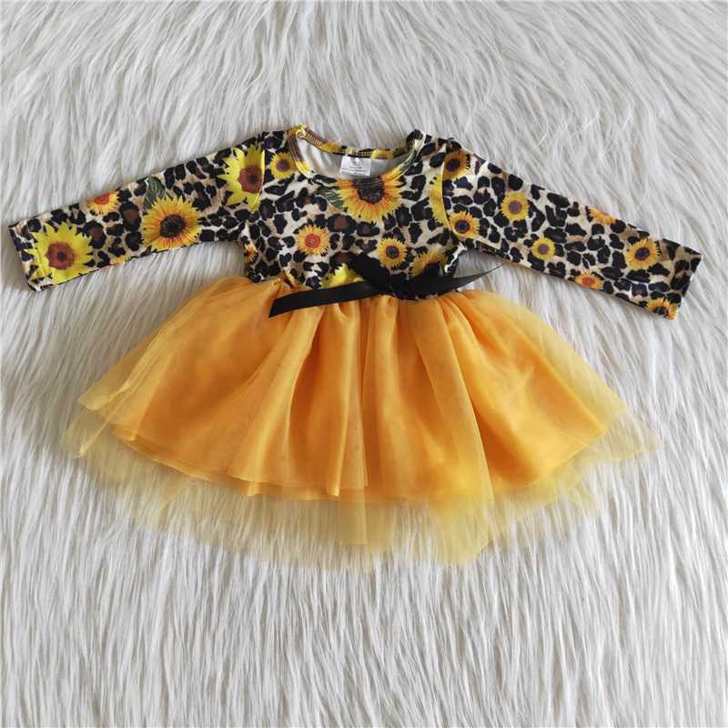 6 A29-27(2) girl yellow sunflower leopard tulle winter long sleeve dress-promotion 2024.8.31 $2.99