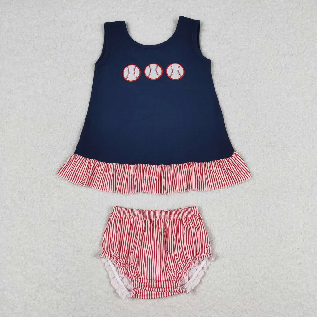 GBO0209 RTS girl summer clothes baseball summer bummies set-embroidery