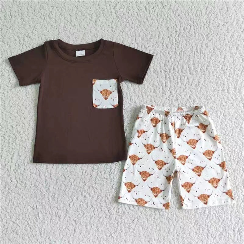 BSSO0032 kids clothing boy brown cow pocket summer set--promotion 2024.6.21 $2.99