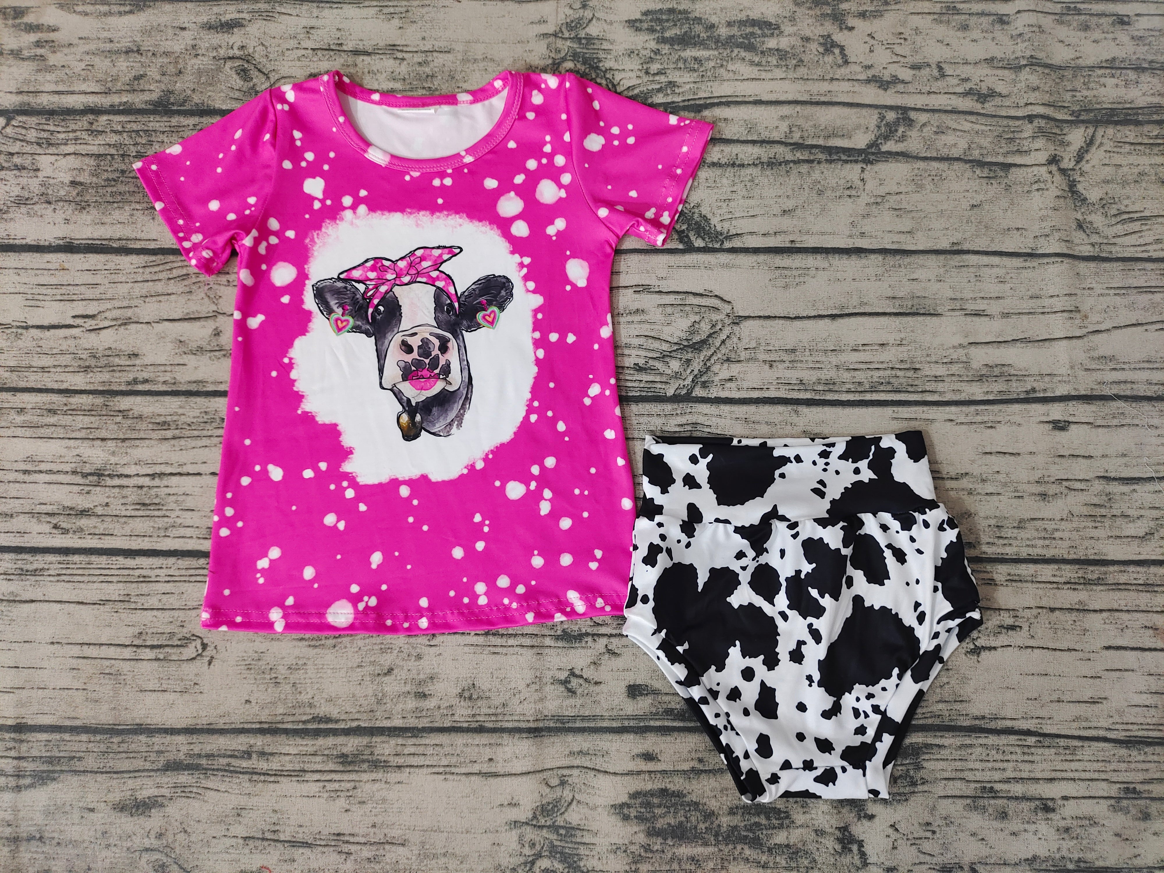 GBO0065 baby girl clothes cow hot pink bummies set-promotion 2025.7.19 $5.5