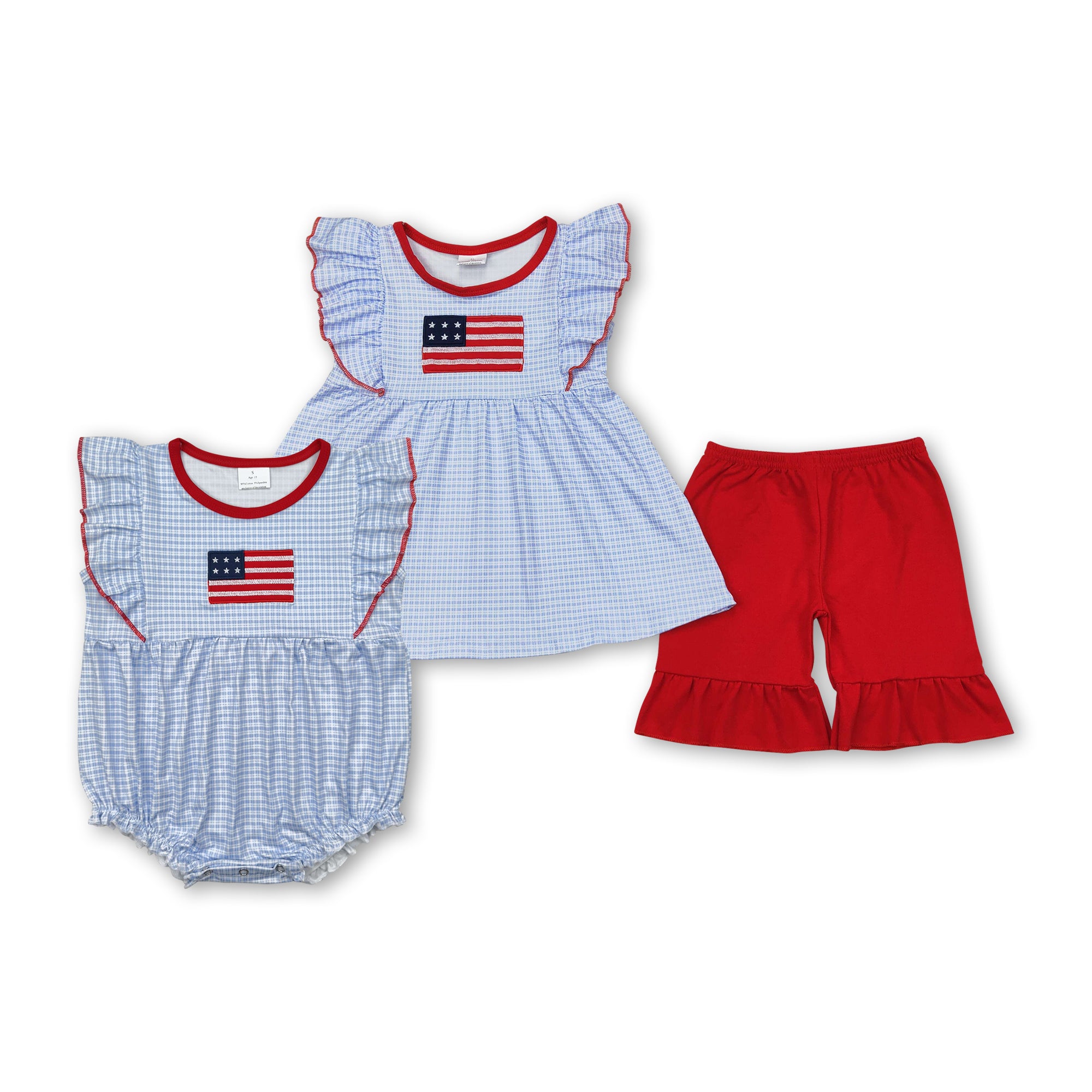 RTS girl summer matching clothes flag 4th of July girl summer clothes embroidery
