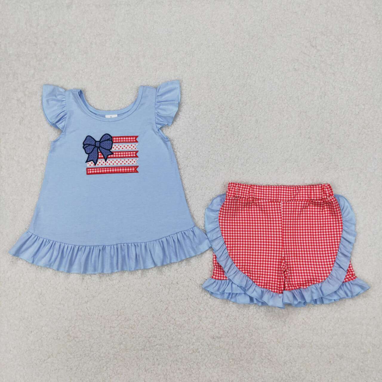 GSSO1822 RTS kids clothing girl 4th of July summer shorts set embroidery 