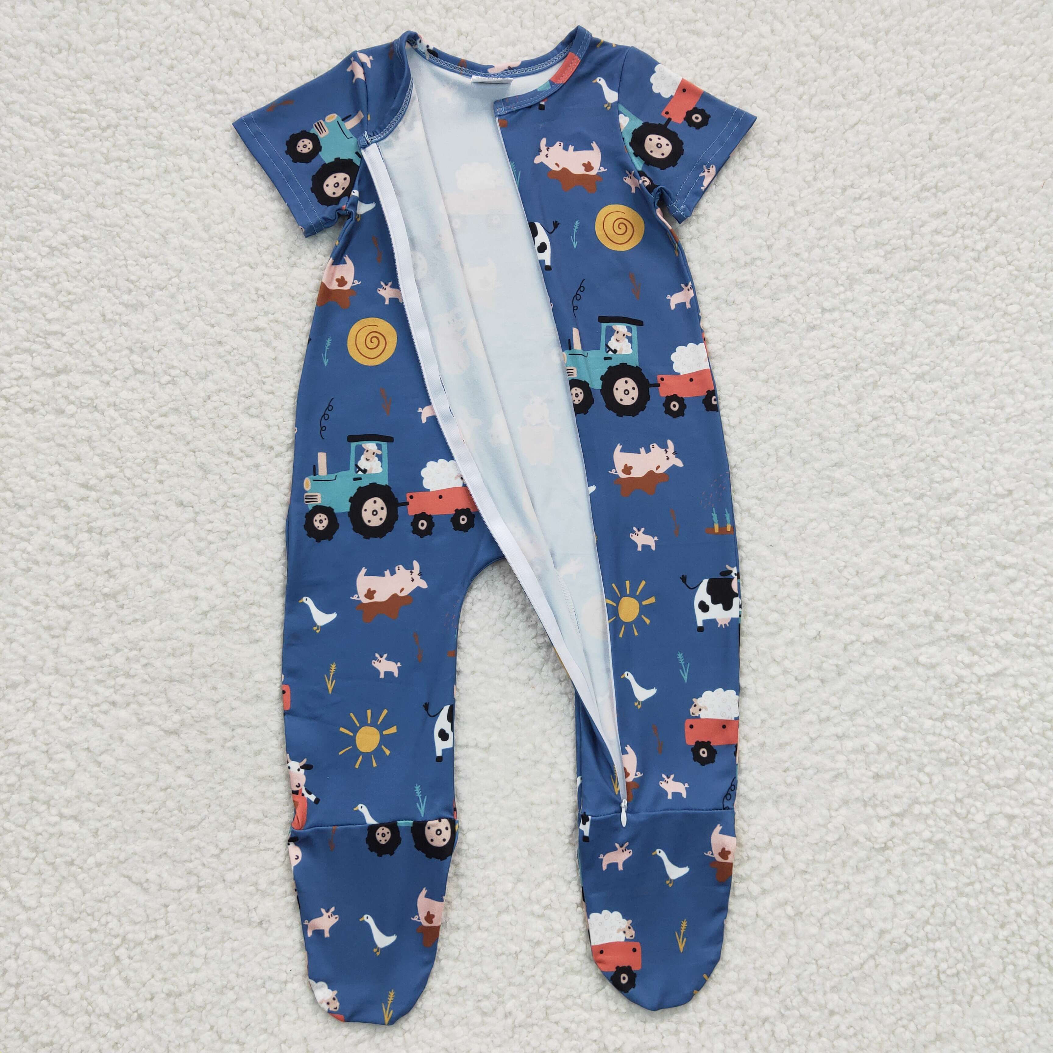 SR0195 baby boy clothes blue farm zipper romper-promotion 2025.5.10 $5.5